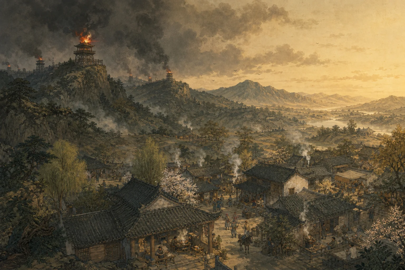 The Bustling World — beacon fires on a distant ridge above a village where cooking smoke rises from rooftops