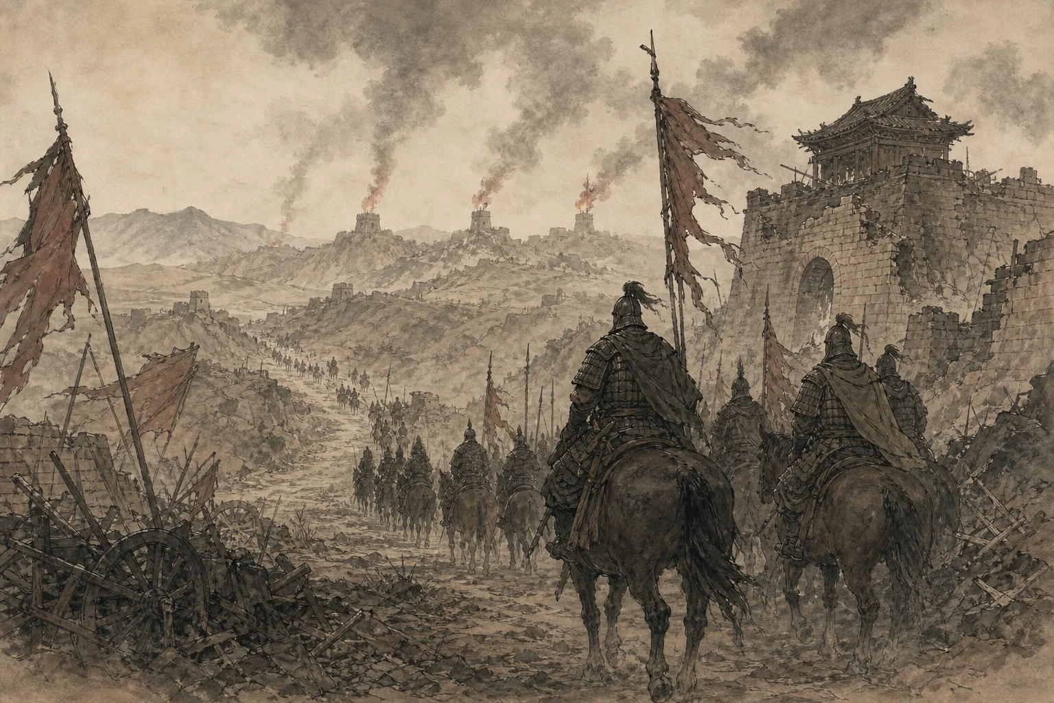 Ancient Chinese battlefield — armored riders and broken walls under a smoke-darkened sky
