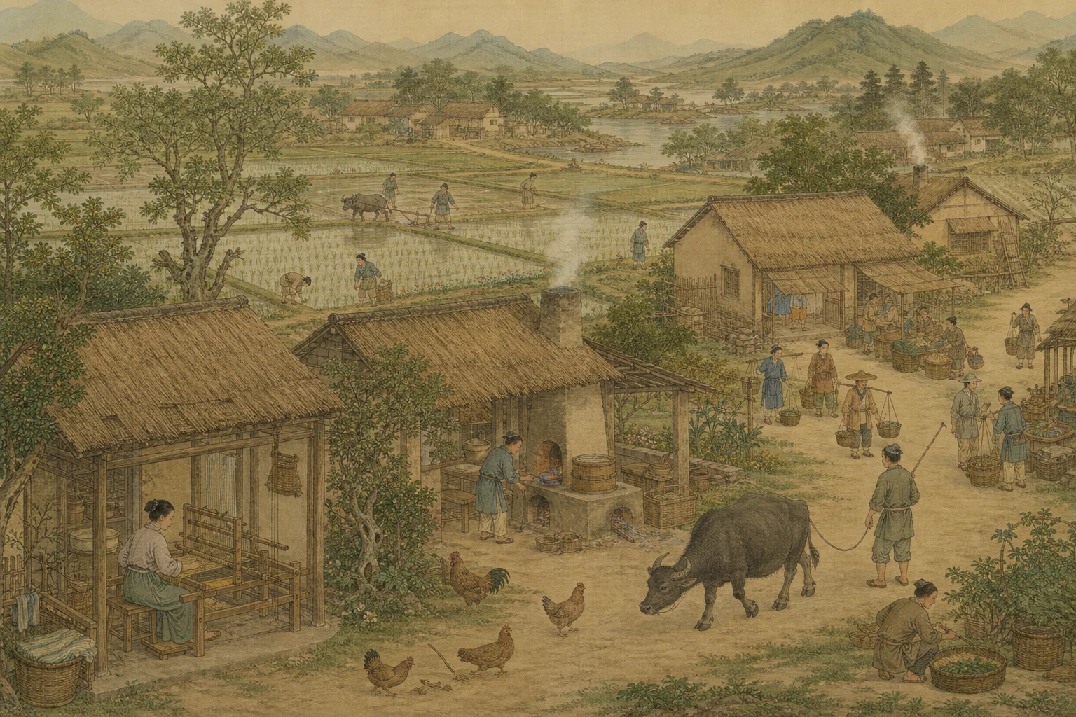 Peaceful ancient Chinese village — smoke from kitchen stoves, fields, and a small market lane