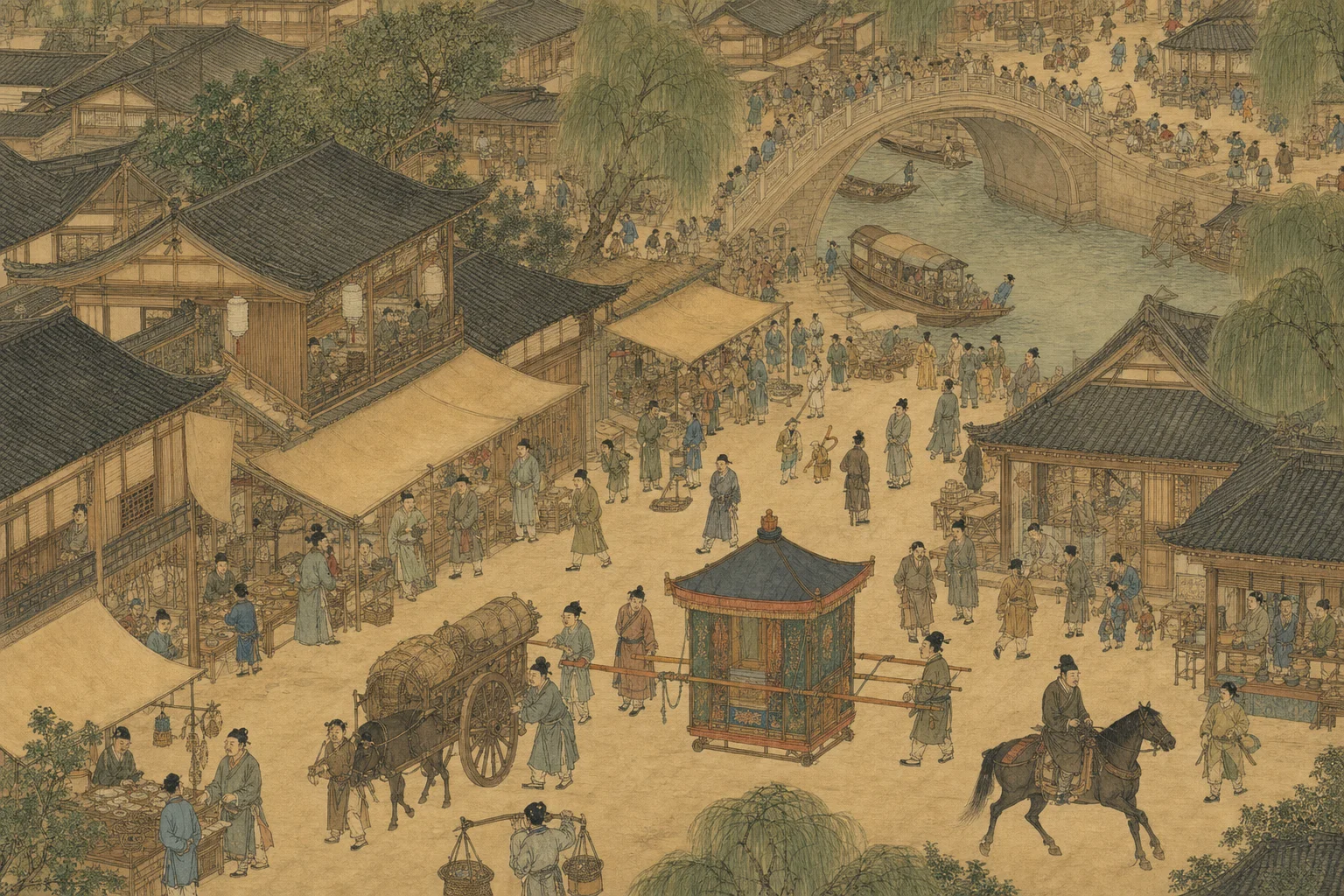 Song dynasty market street — the visual lineage behind The Bustling World's bustling urban scenes