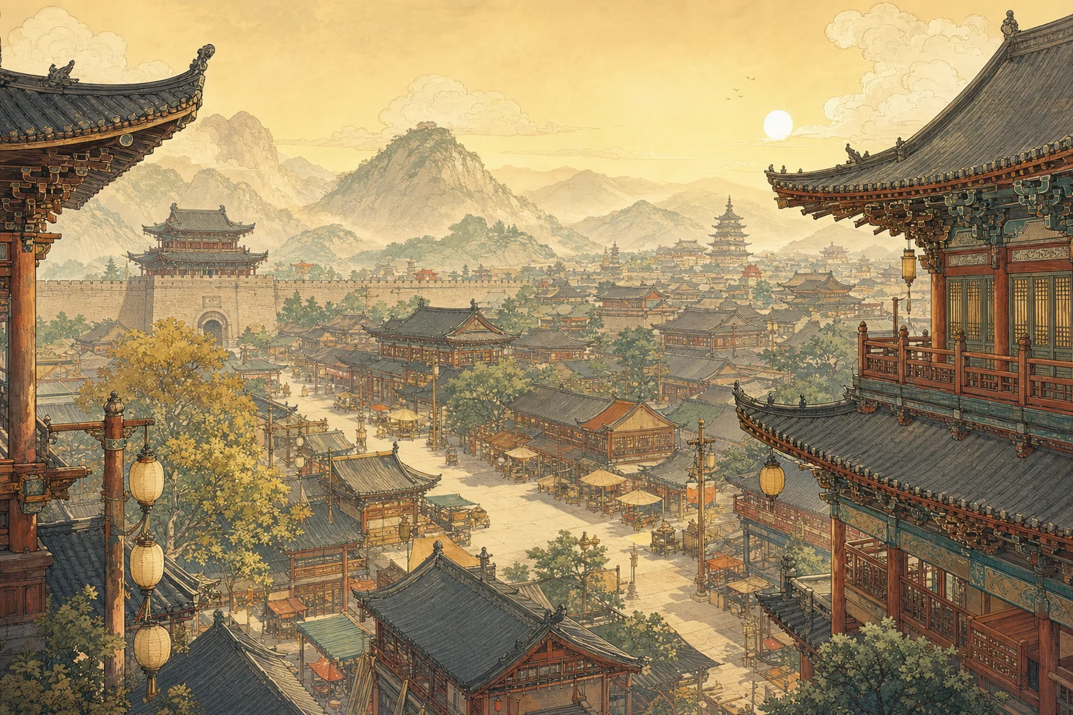 The Bustling World — hand-painted rooftops and market streets drawn from Song–Tang paintings and classical texts