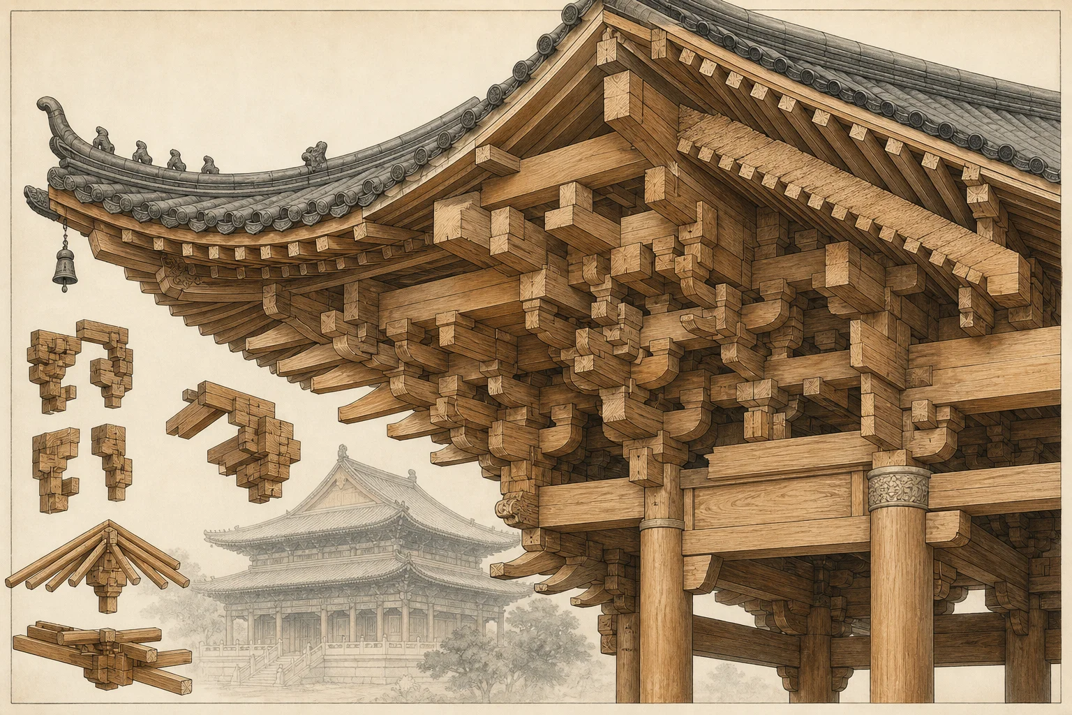 Classical Chinese bracket architecture — the building vocabulary behind The Bustling World's construction system