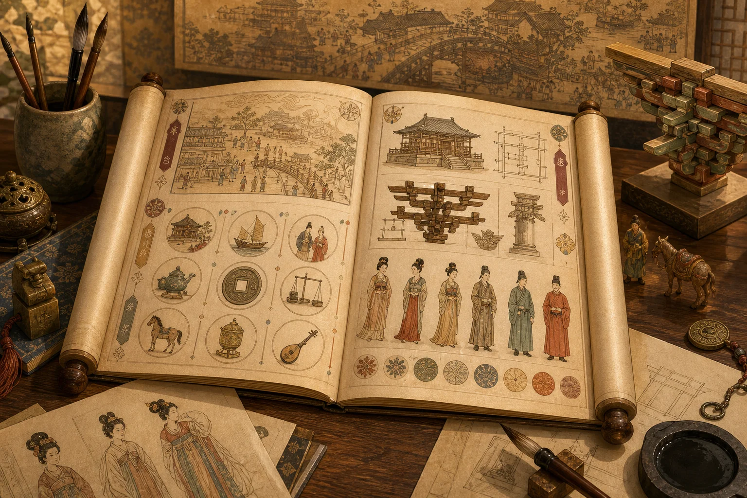 An open reference scroll — The Bustling World glossary of Song–Tang life terms