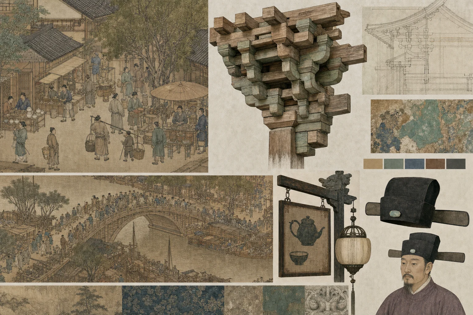 Gongbi painting, Qingming scroll detail, and timber bracket terms — visual reference for glossary entries