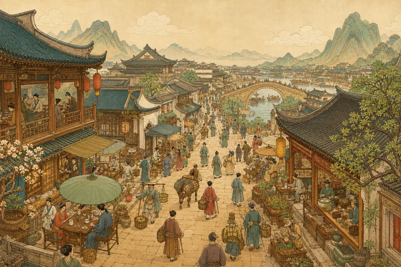 The Bustling World — a gongbi-style hand-painted street scene with meticulous lines and soft mineral colors