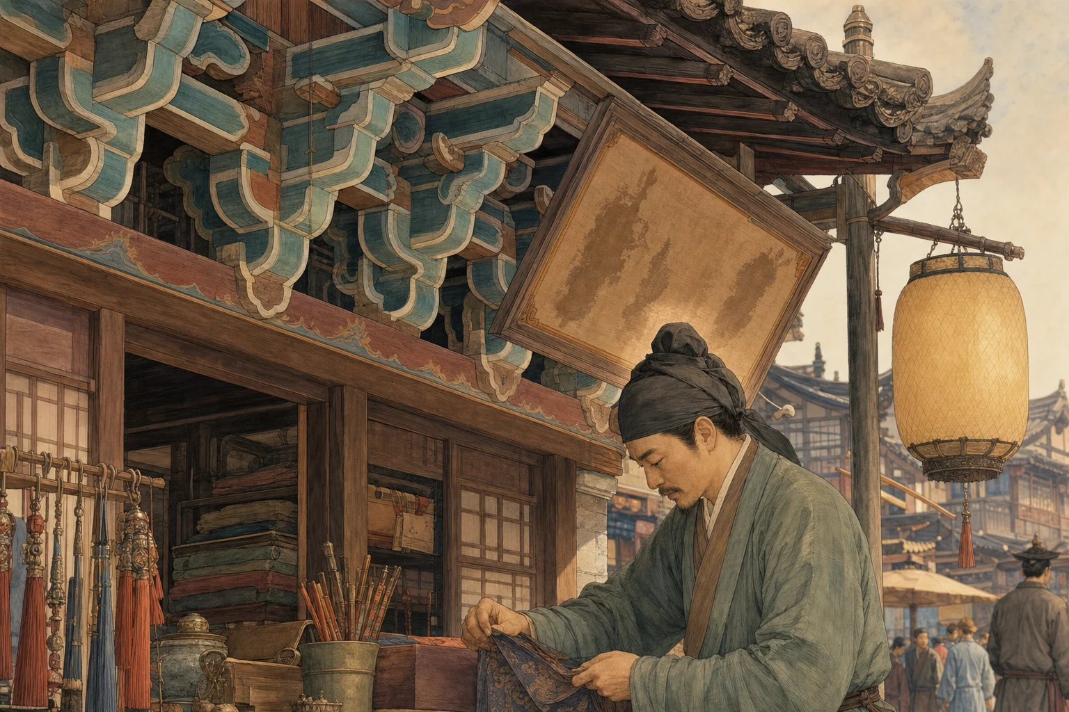 Gongbi-style game street — sharp rooflines, painted shop fronts, and stylized figures in traditional dress