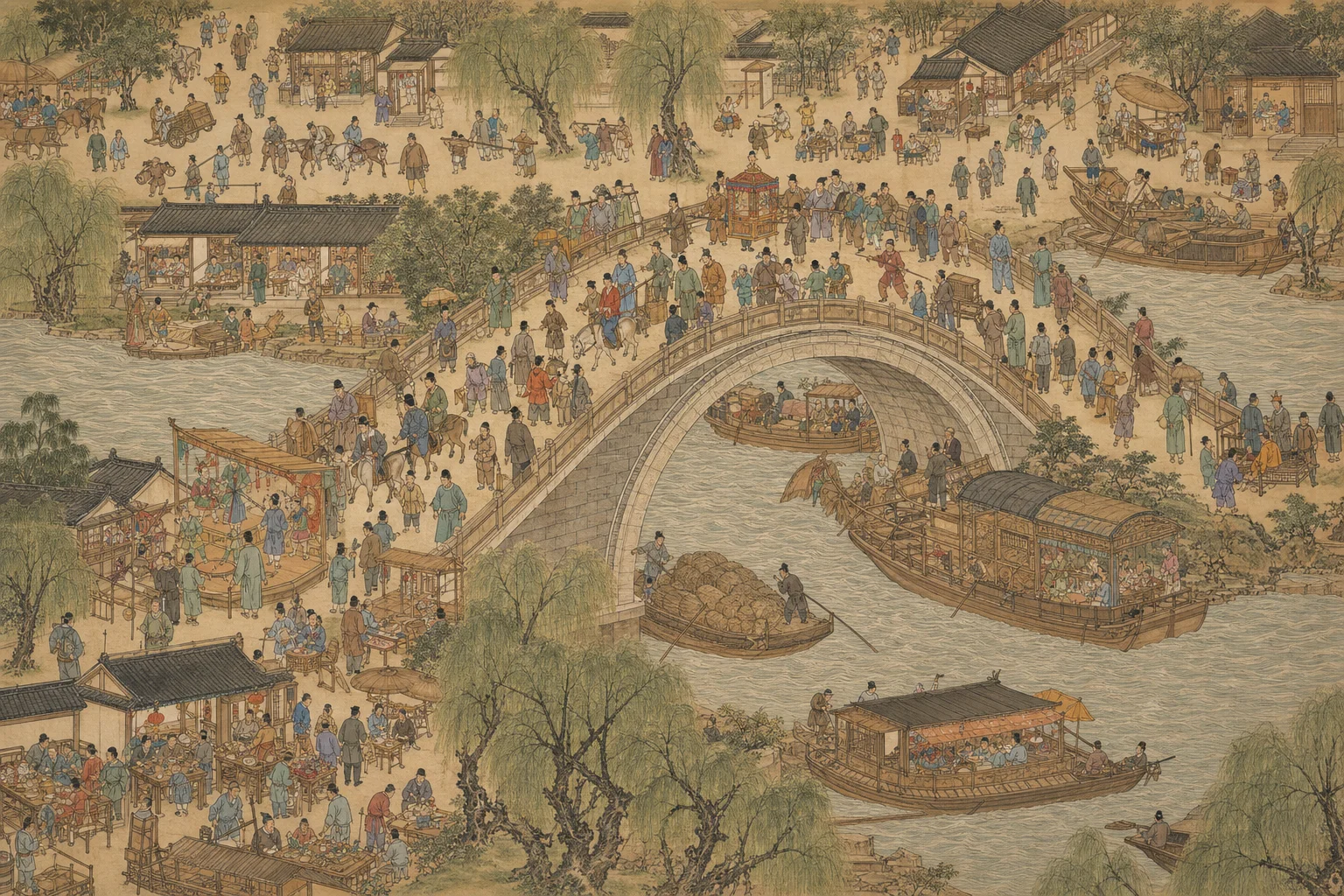 Song dynasty genre painting spirit — crowded bridge, boats, shops, and performers evoking the Qingming scroll