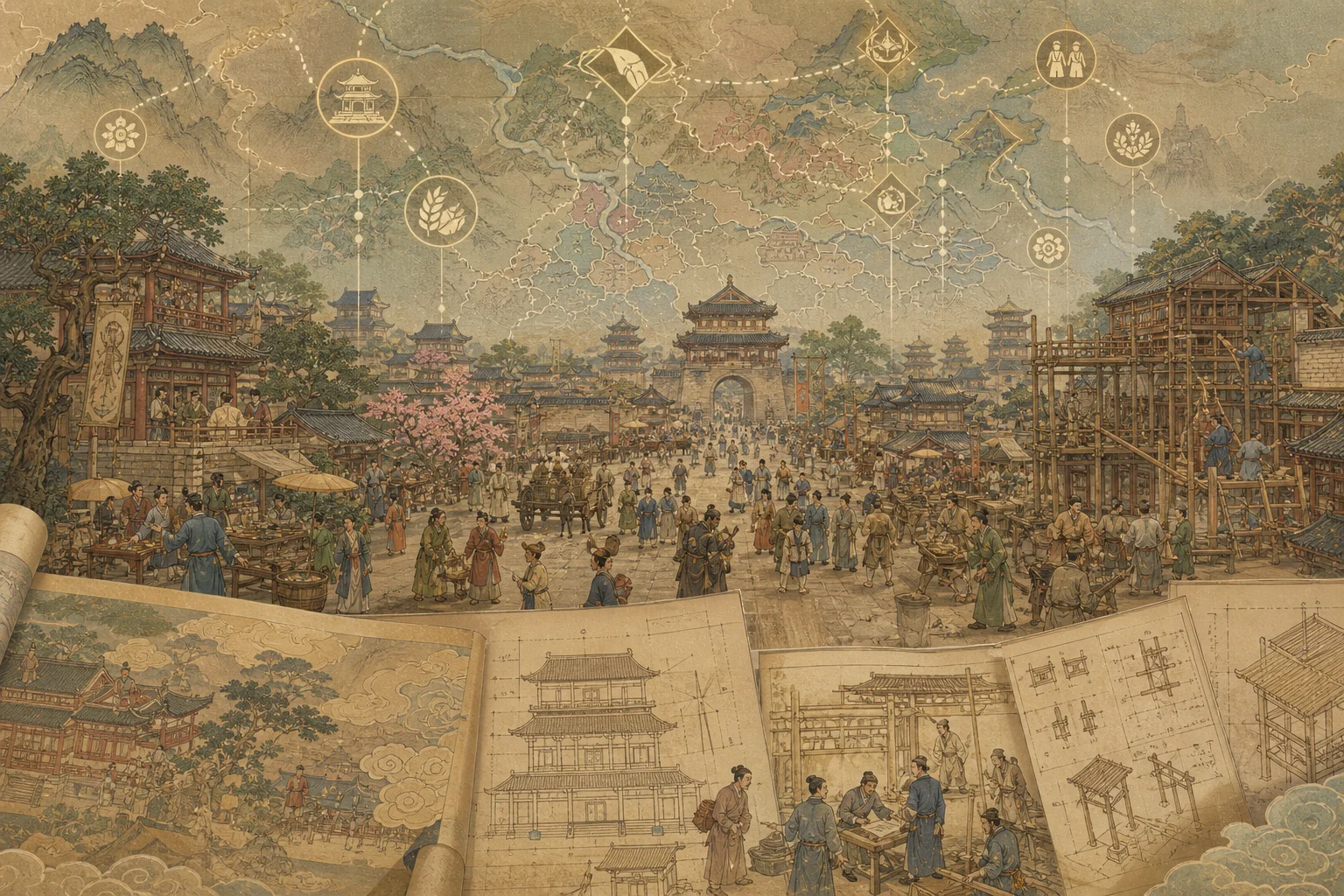 The Bustling World — Song–Tang paintings, historical daily life, and fictional sandbox layers blending together