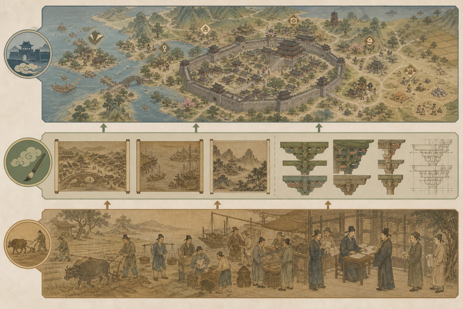Three layers — historical practice, Song–Tang artistic sources, and game fiction in The Bustling World