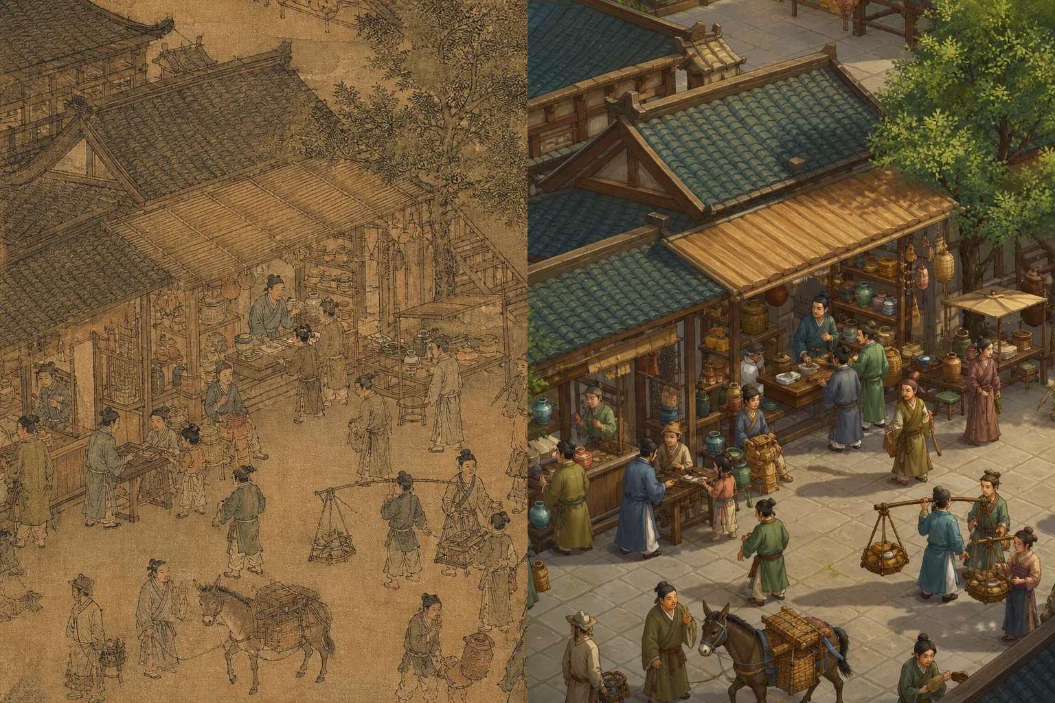Split concept — left side Song dynasty painting reference, right side stylized game market scene