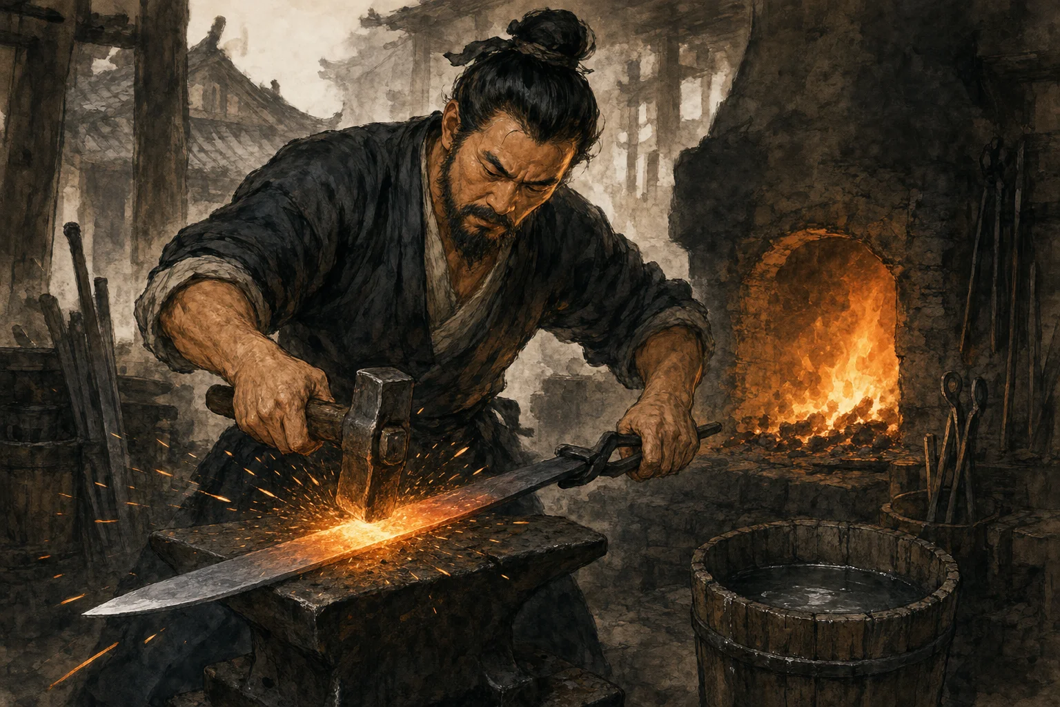 Blacksmith hammering a blade on an anvil beside a charcoal forge — sparks and ink-wash smoke in a village workshop