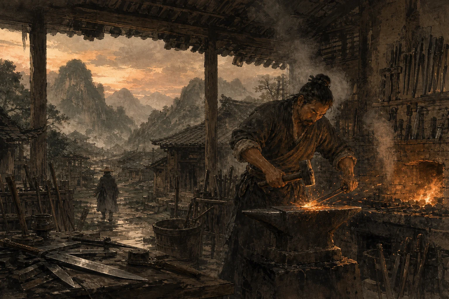 Traditional Chinese blacksmith workshop with glowing forge, anvil, and crafted tools — ink-wash village craft scene