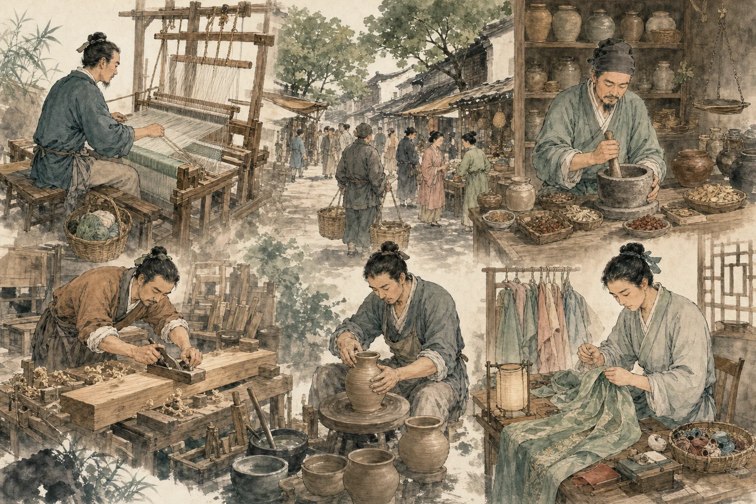 Collage of Chinese traditional trades in ink-wash style — weaver, apothecary grinding herbs, carpenter, and potter at work in a market lane