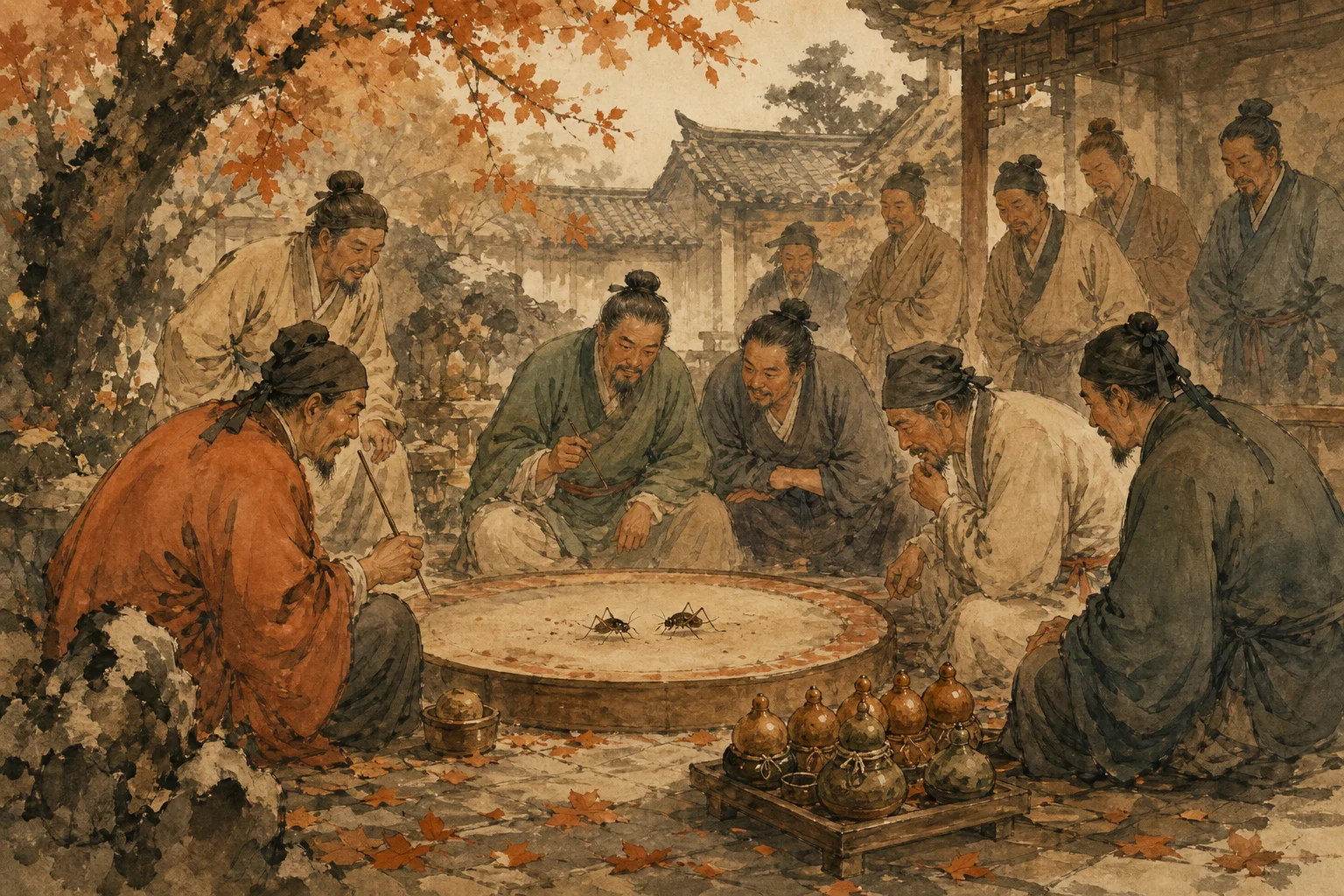 Traditional Chinese cricket fighting scene — men gathered around a clay arena with crickets in autumn courtyard, ink-wash folk culture illustration