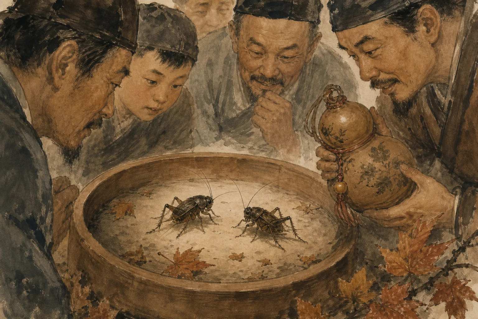 Close view of traditional cricket fighting in a clay pot arena — autumn leaves, eager spectators in hanfu, ink-wash folk scene