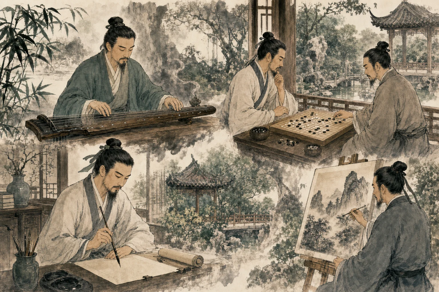 Collage of Chinese scholar pastimes in ink-wash style — guqin music, weiqi board game, calligraphy brush, and landscape painting in a pavilion