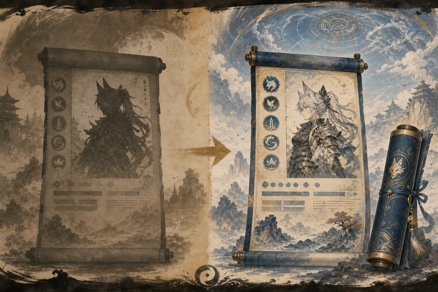 Wide ink-wash lookup panel — EA Classic branch versus v1.0 Beyond the Dome features side by side