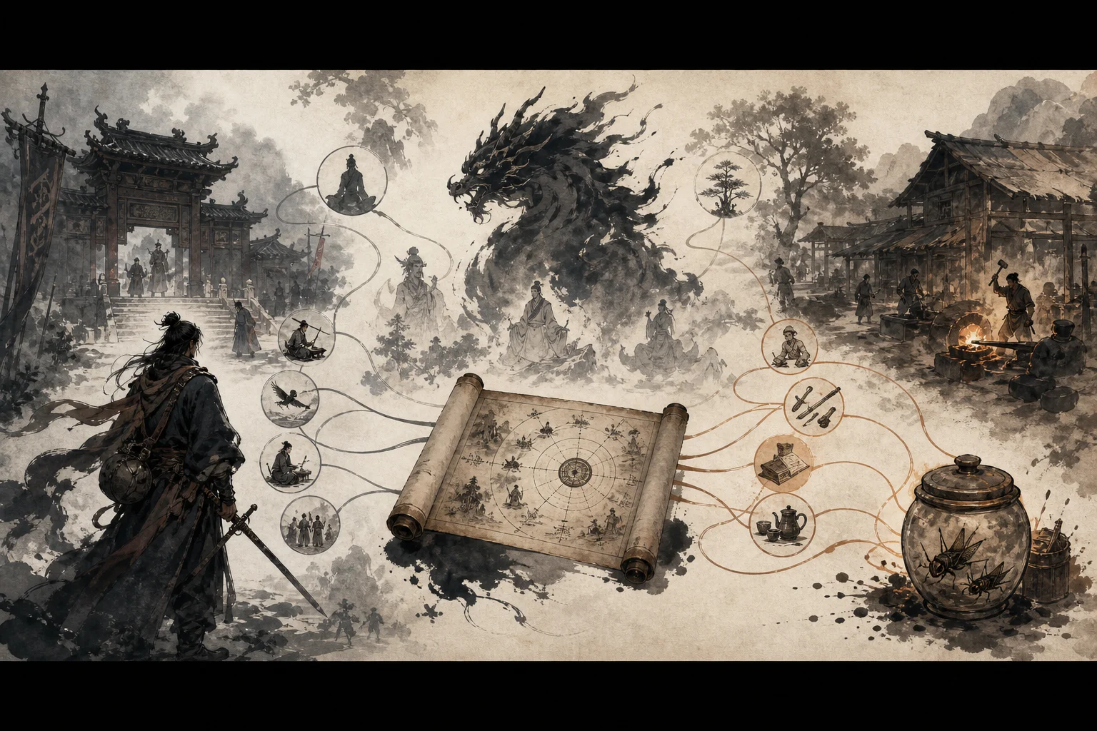 Taiwu game elements mapped to wuxia genre, Chinese myth, and folk tradition — quick lookup reference, ink-wash style