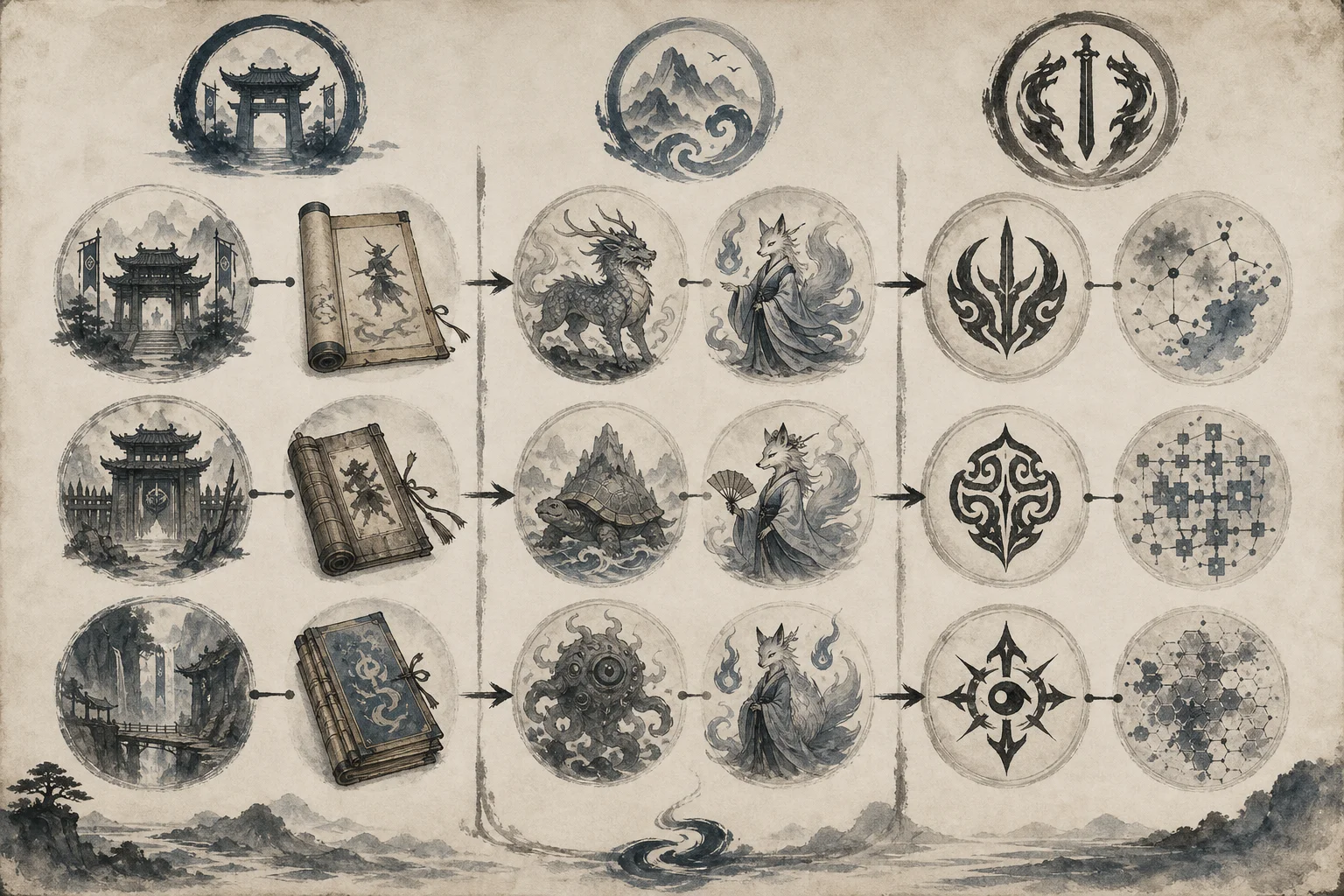 Paired symbols linking Taiwu game motifs to wuxia genre, myth sources, and folk tradition — ink-wash reference chart