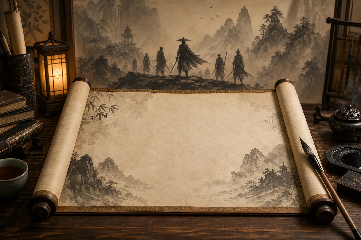 An open reference scroll — The Scroll of Taiwu glossary of jianghu and martial-fiction terms