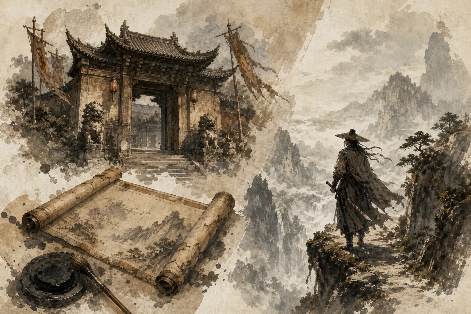 Martial sect gate, jianghu wanderer, and reference scroll — visual vocabulary for glossary entries