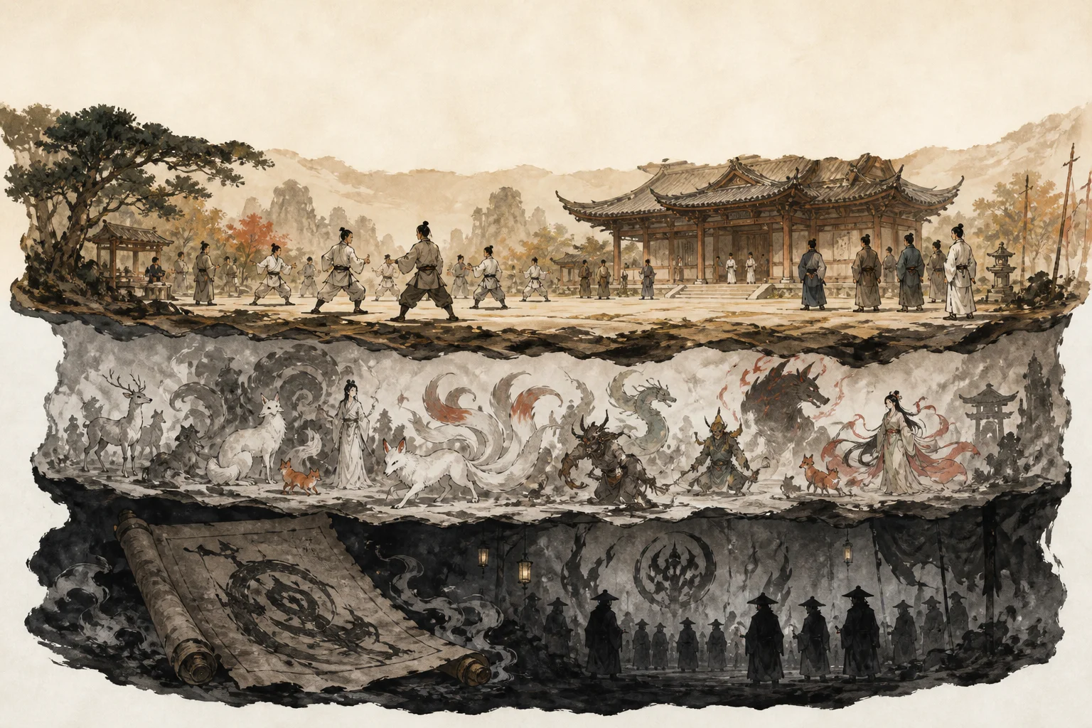 Three stacked layers — wuxia genre convention, Chinese myth and folk sources, and Taiwu game fiction