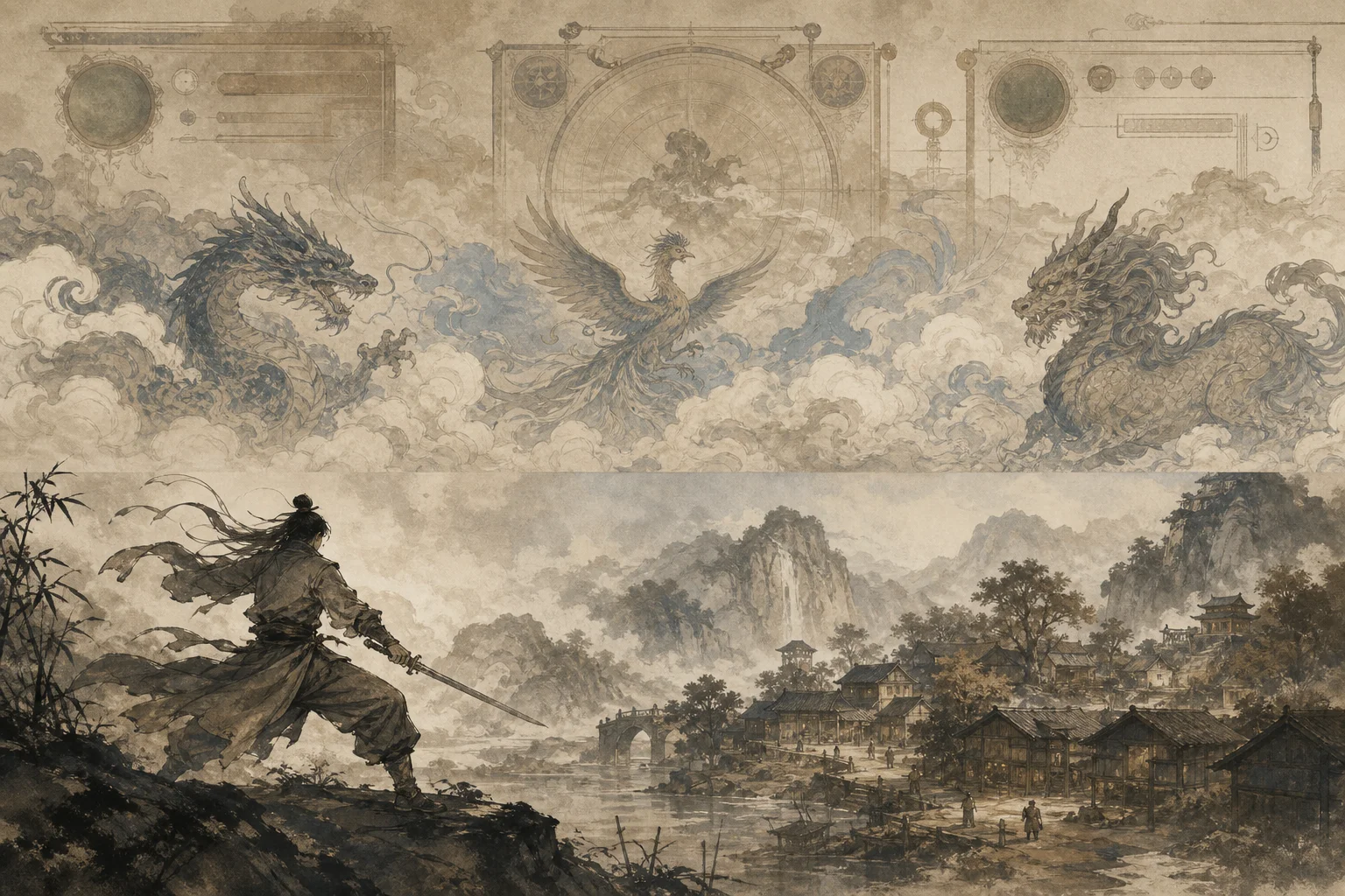Layered ink-wash concept — wuxia jianghu scene, classical myth beasts, and game UI silhouettes blending into one scroll