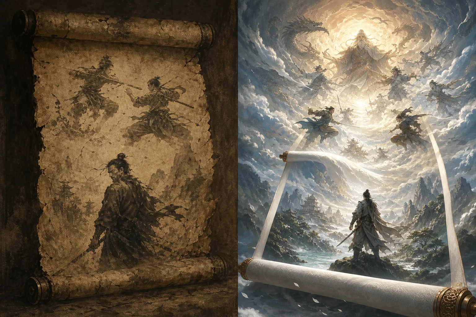 Concept split — left side Early Access scroll silhouette, right side v1.0 Beyond the Dome with renewed UI and mythic sky motif