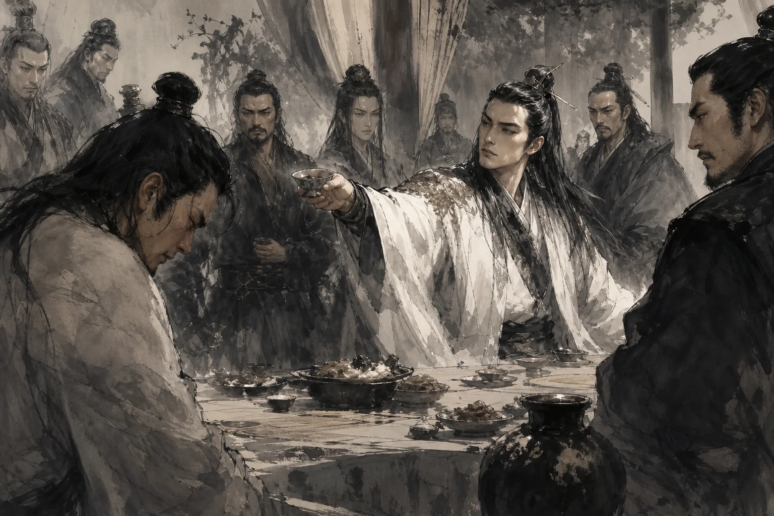 Banquet scene turning tense — martial artists exchanging cups while one guest's expression hardens in humiliation