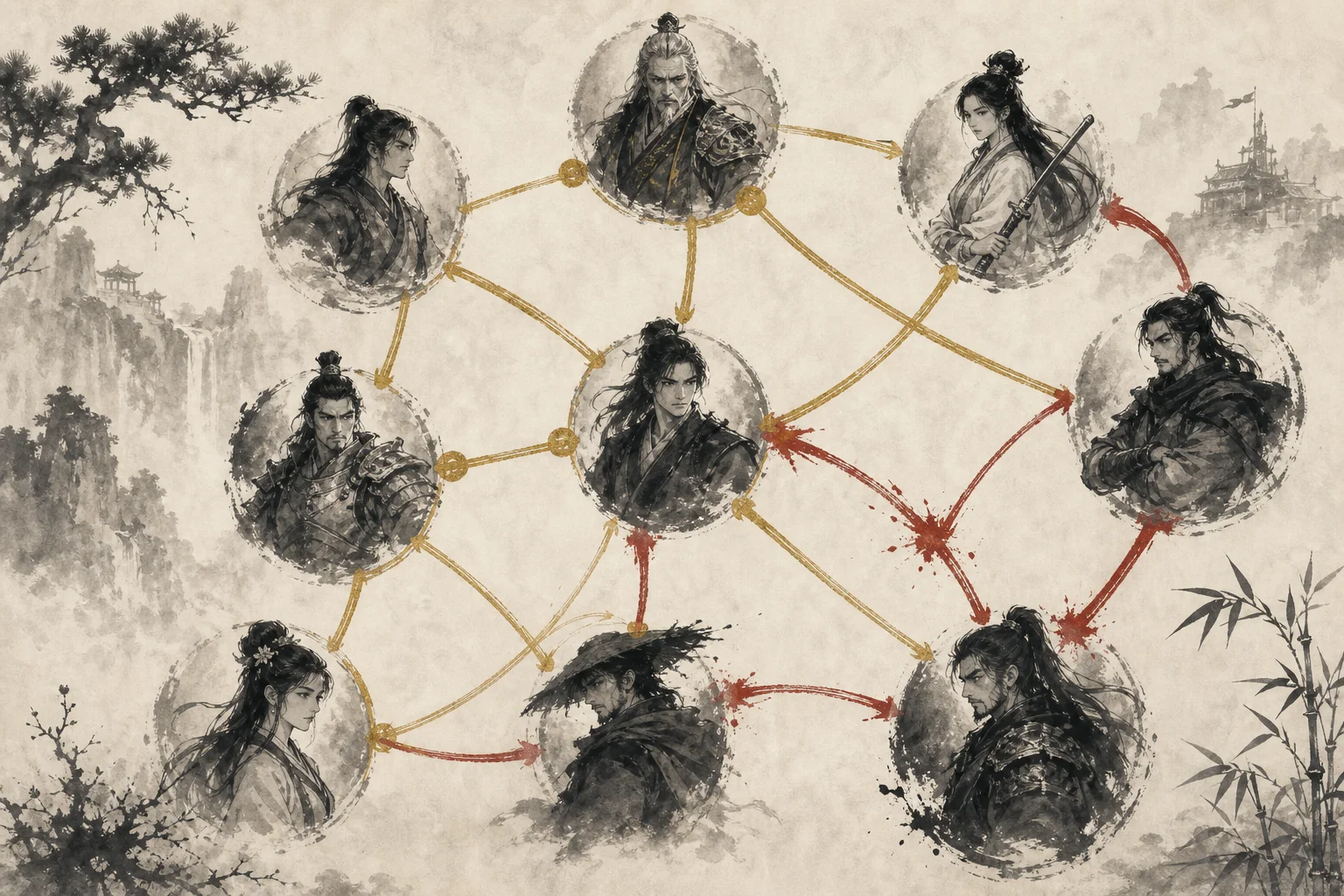 Ink-wash diagram of connected figures — some links gold for alliance, some red for vendetta