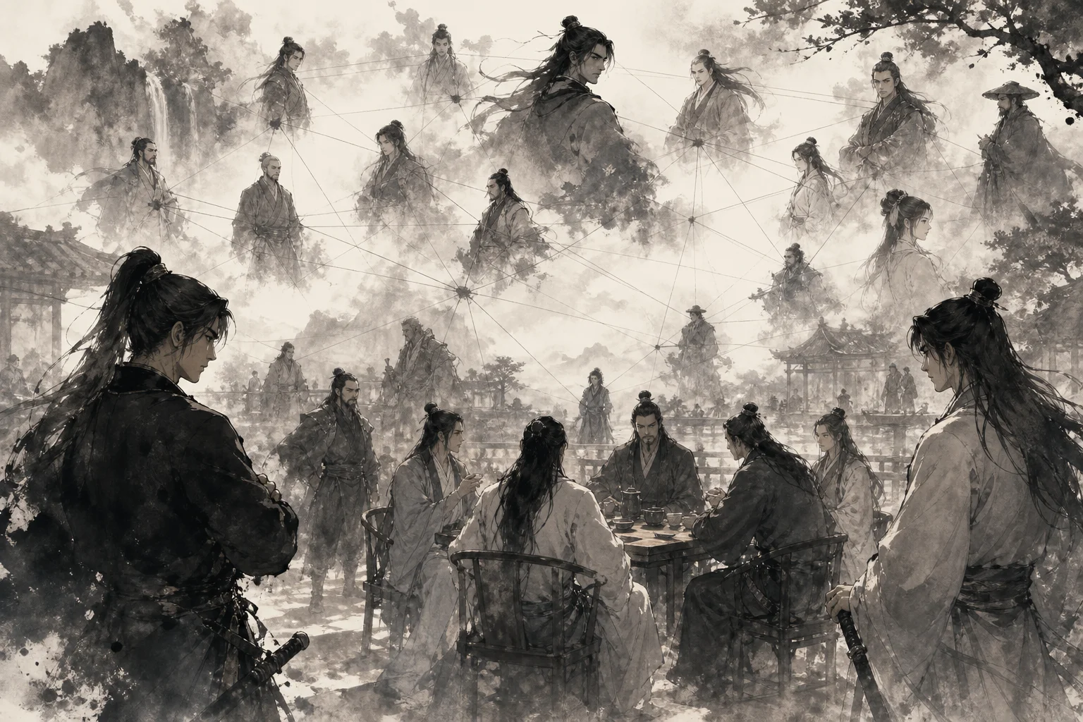 Web of ink lines connecting martial artists at a teahouse — alliances and grudges visualized as a social network