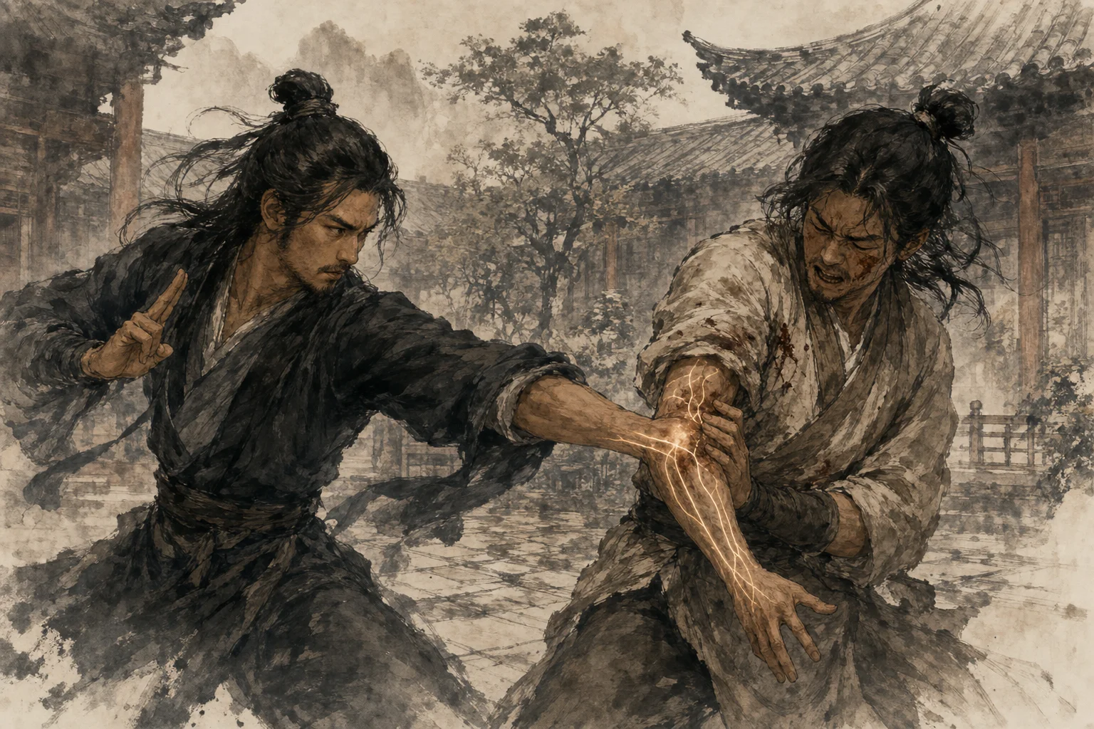 Two martial artists in turn-based duel — one strikes at the other's arm while meridian lines highlight injured limbs, ink-wash wuxia combat scene