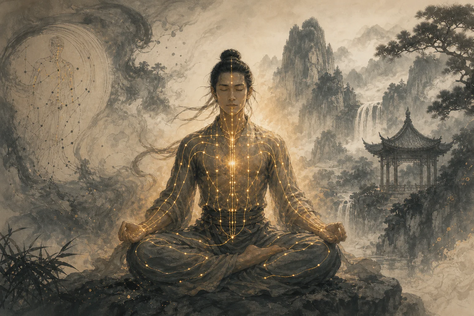 Martial artist in meditation with translucent meridian lines glowing across the body — ink-wash wuxia body-map illustration