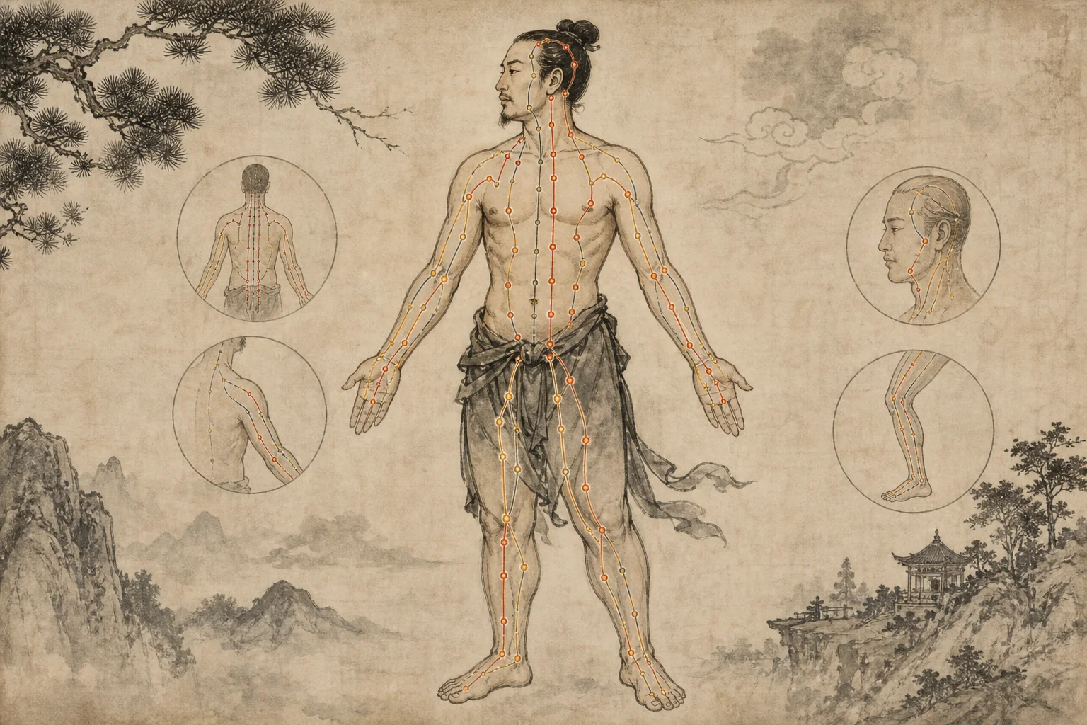 Classical Chinese medical diagram of human meridian lines and acupoints in ink-wash style — educational wuxia body map