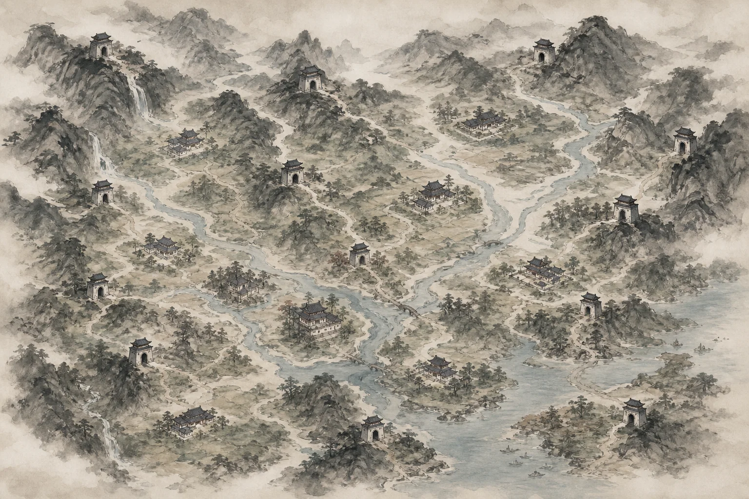 Ink-wash map with fifteen marked mountain gates and town schools scattered across a jianghu landscape