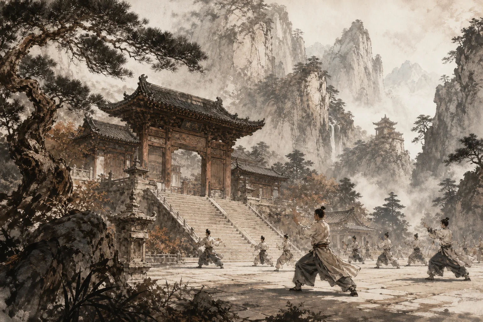 Mountain martial sect gate with stone steps — disciples train in the courtyard below ancient pines