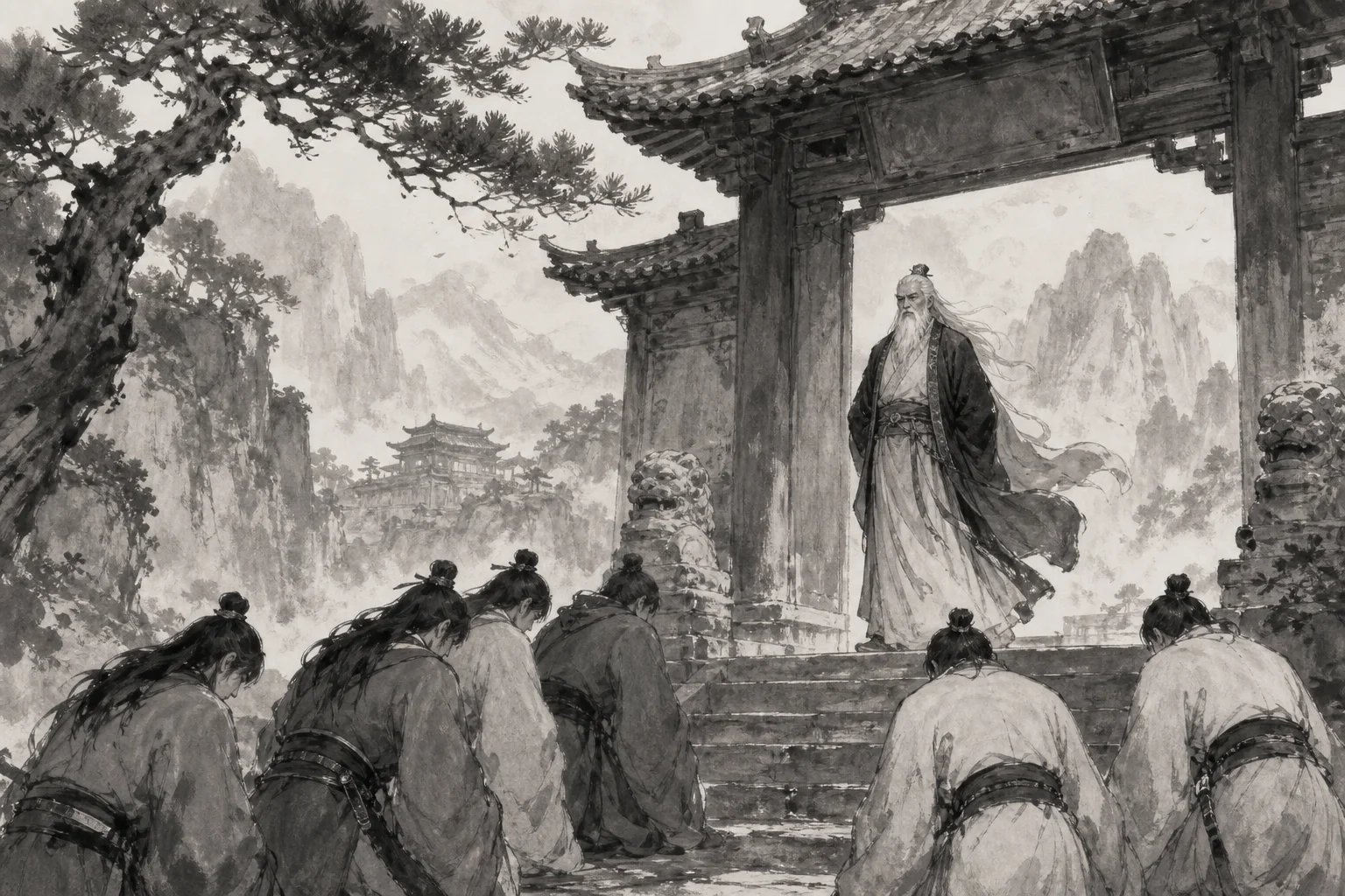 Classical mountain monastery gate with disciples bowing to an elder — martial sect hierarchy in ink-wash style