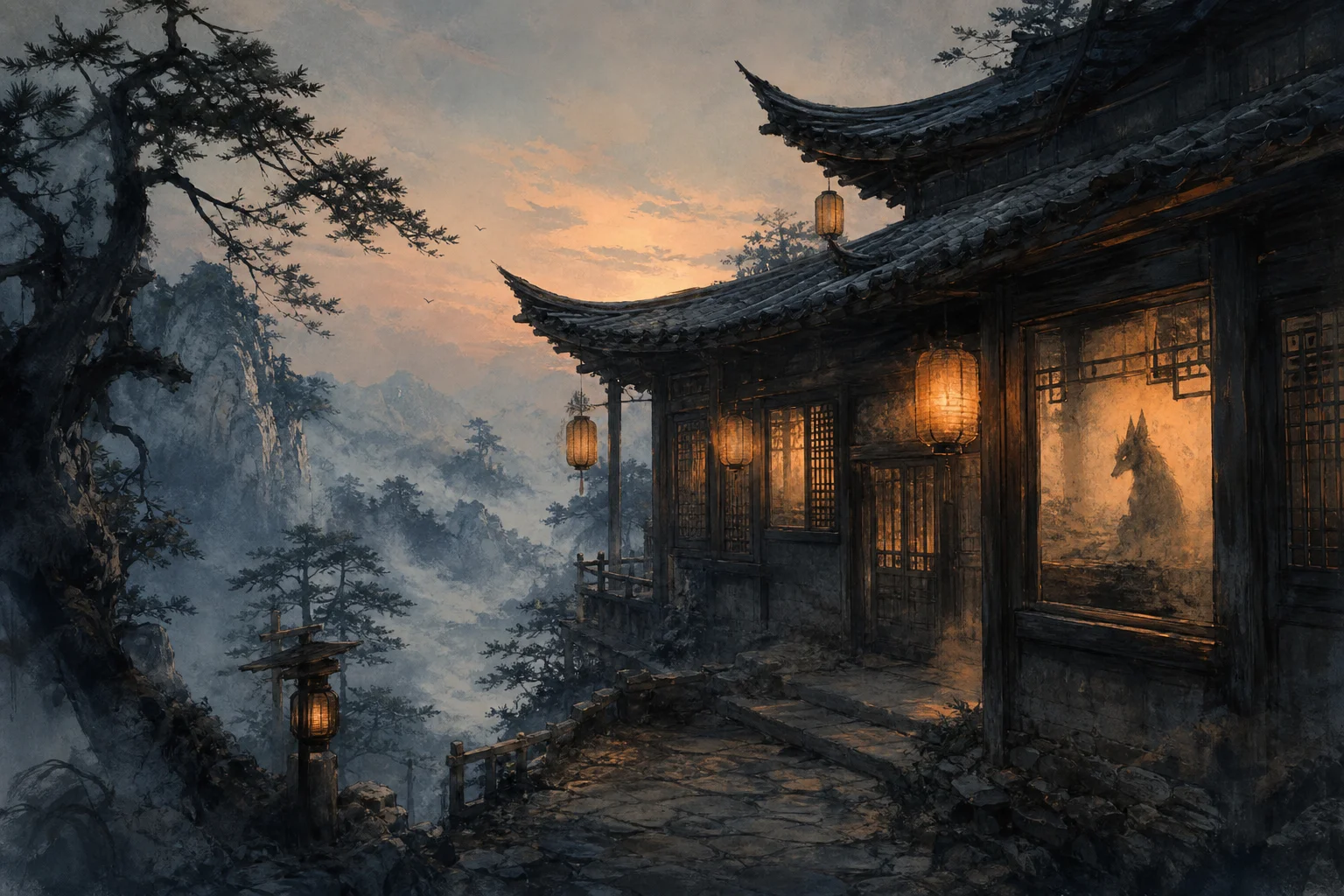 A misty mountain inn at dusk — warm lantern light inside, uncanny fox-like silhouette reflected in the window