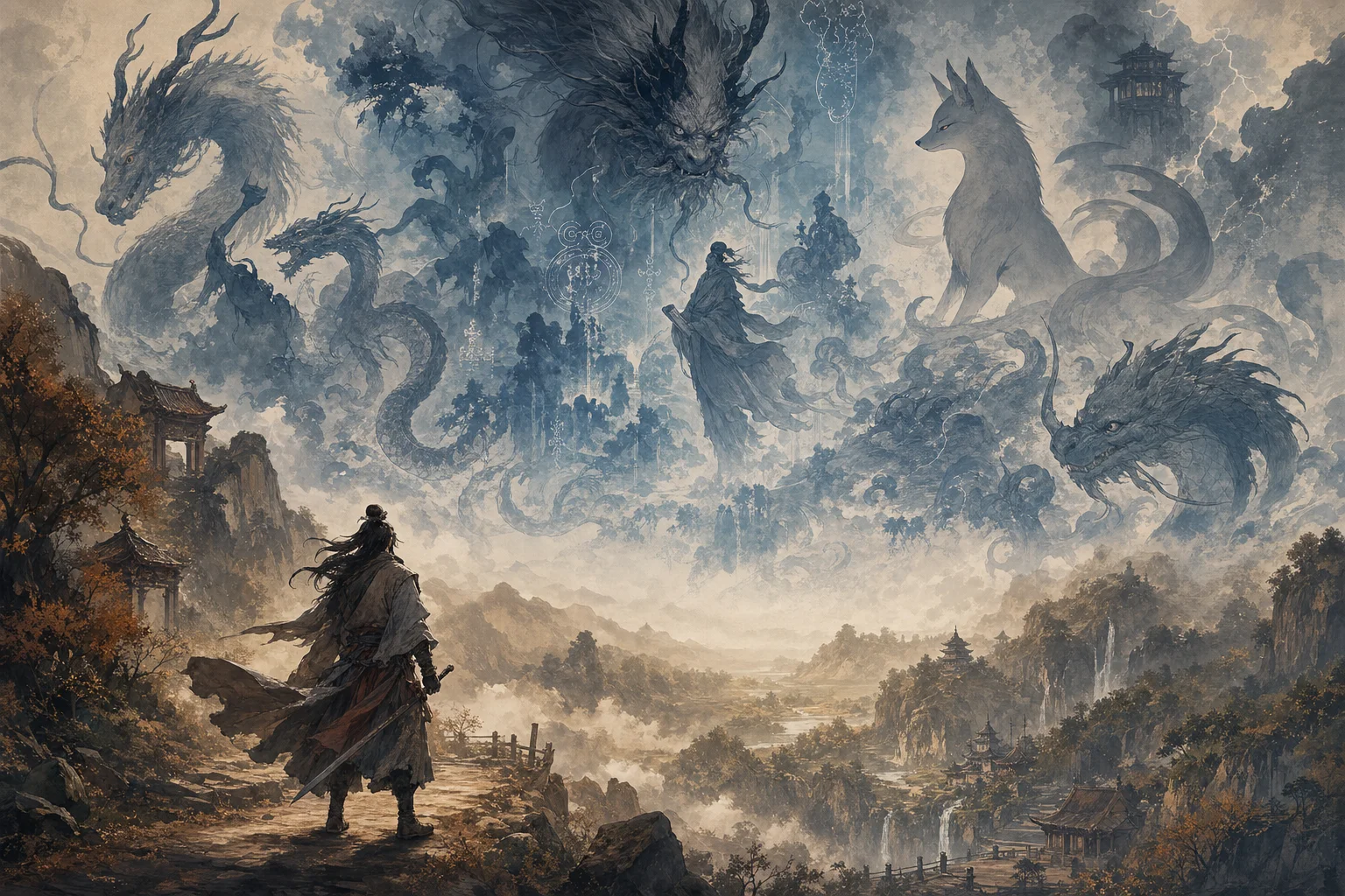 Ink-wash montage — a jianghu mountain path dissolves into mythic beasts, fox spirits, and strange glowing creatures among clouds