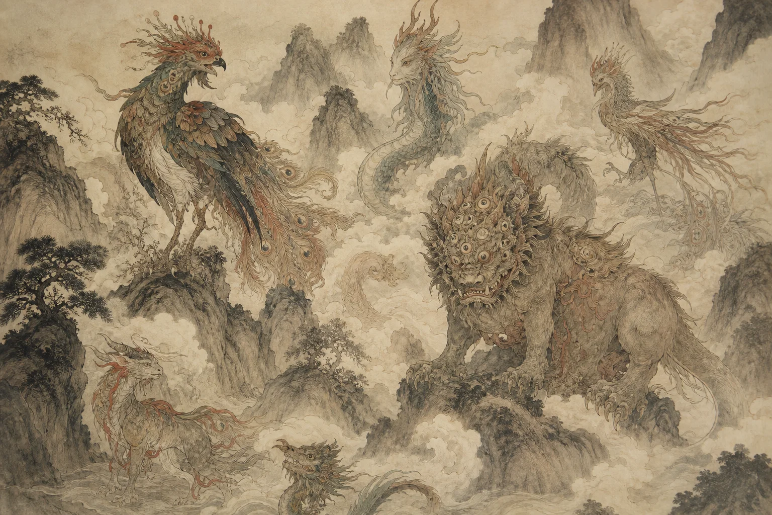 Classical Chinese illustration style — hybrid mythic beasts with multiple eyes, horns, and serpent bodies emerging from mountain mist