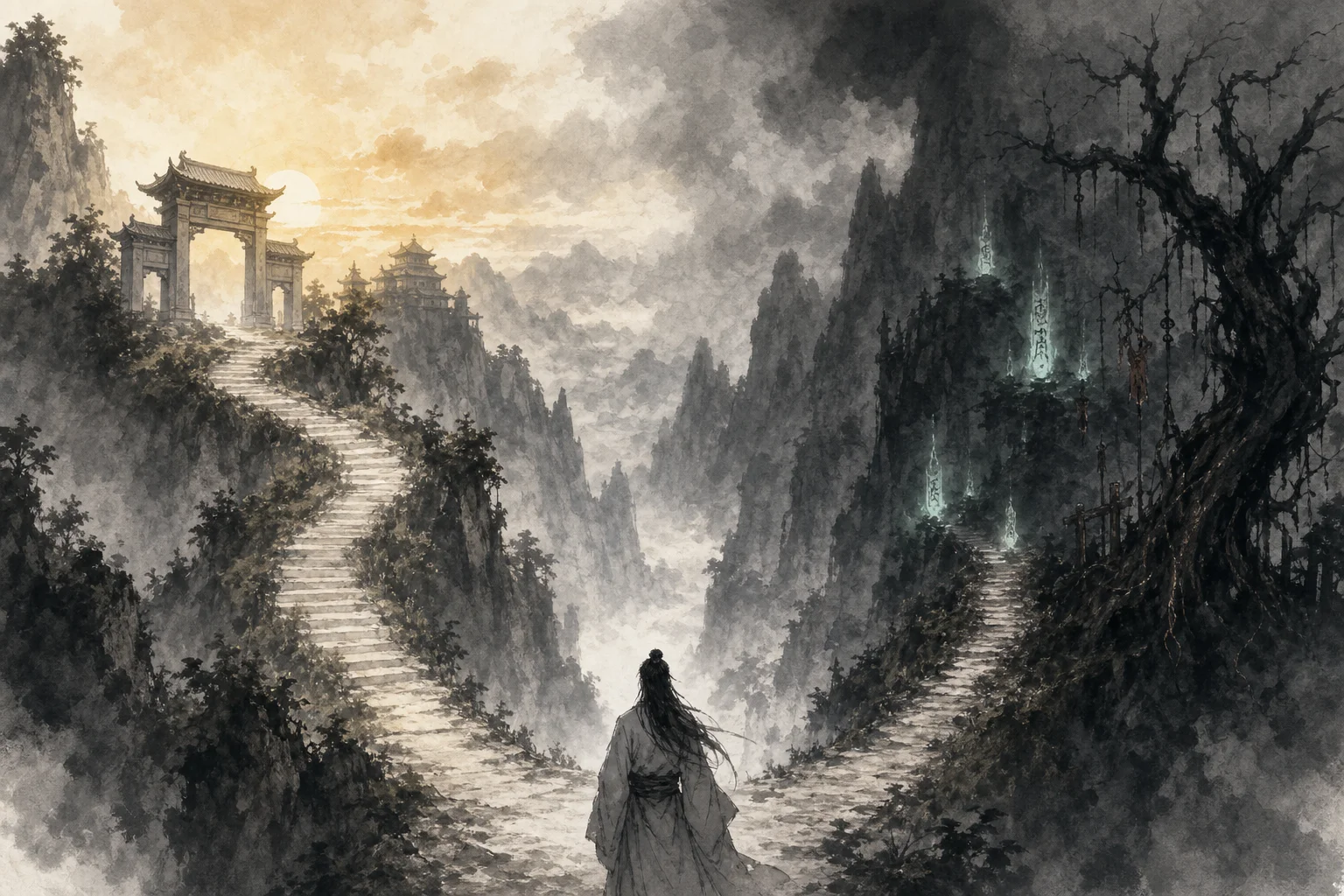 Two martial artists on diverging mountain paths — one toward sunrise gate, one toward misty ravine with talisman light
