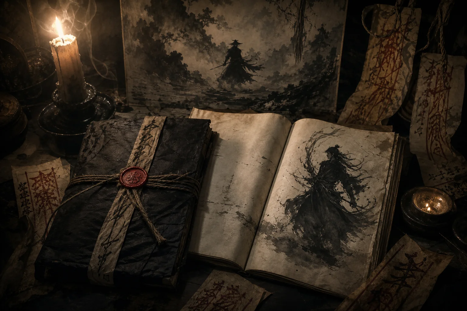 Sealed martial manual unwrapped in candlelight — forbidden techniques and warning talismans