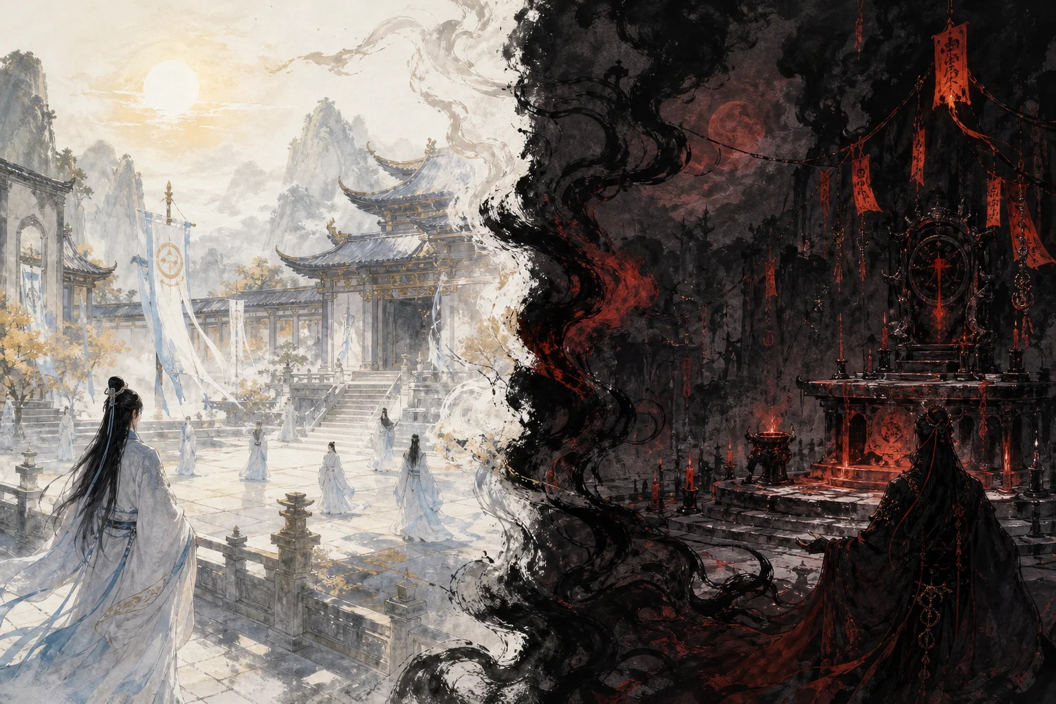 Split ink-wash scene — sunlit orthodox sect courtyard on one side, dark forbidden cultivation altar on the other