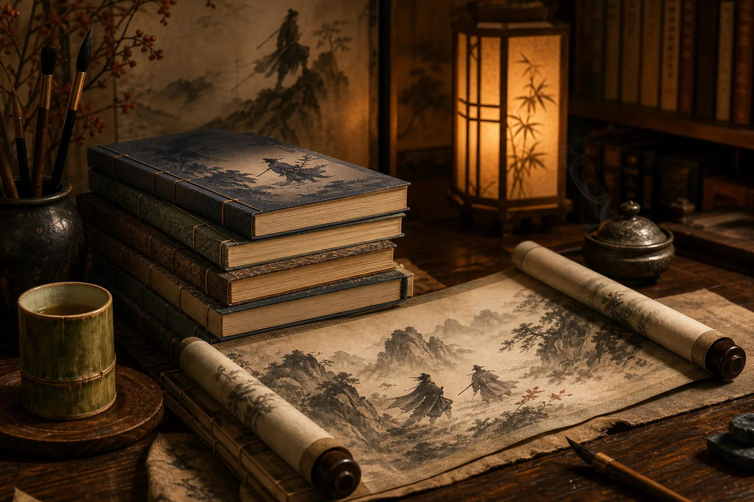 Stacked wuxia novels, an unfurled handscroll, and a glowing screen — further reading for The Scroll of Taiwu fans