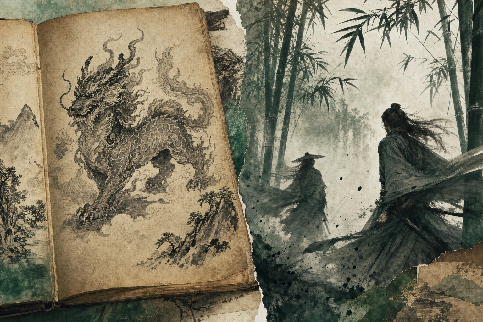 Open pages of a classical bestiary illustration beside a film still mood board — myth resources for curious players