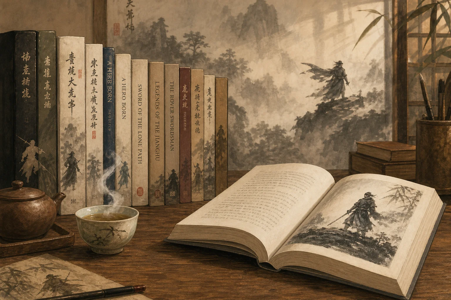 English and Chinese wuxia novel editions beside a cup of tea — entry points for martial-arts fiction