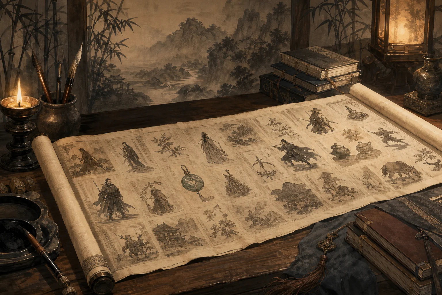 Classical Chinese encyclopedia scroll unfurled on a desk with brushes and sect manuals — Baixiao lore archive mood, ink-wash illustration