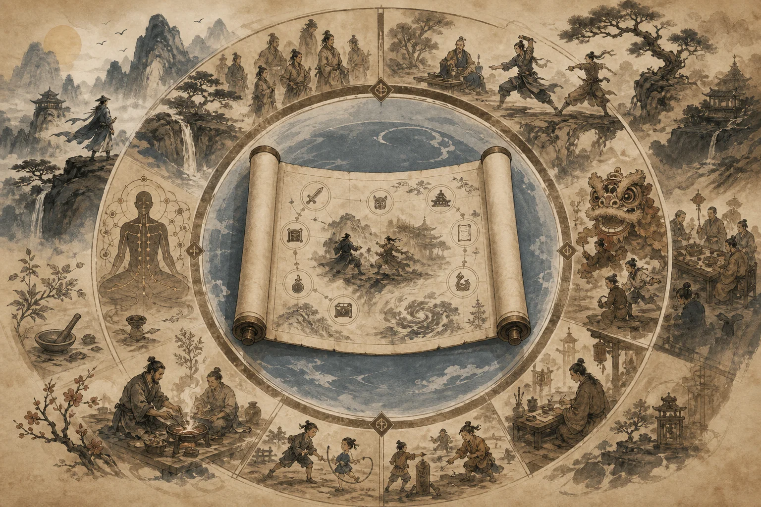 Two-layer diagram in ink-wash style — inner scroll labeled as in-game lore, outer frame as cultural tradition context