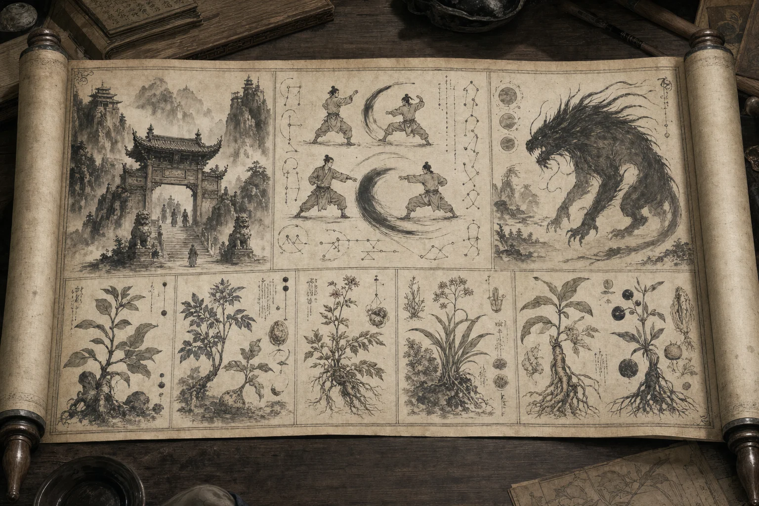 Unfurled Chinese reference scroll with illustrated entries for sects, techniques, and creatures — scholarly ink-wash encyclopedia style