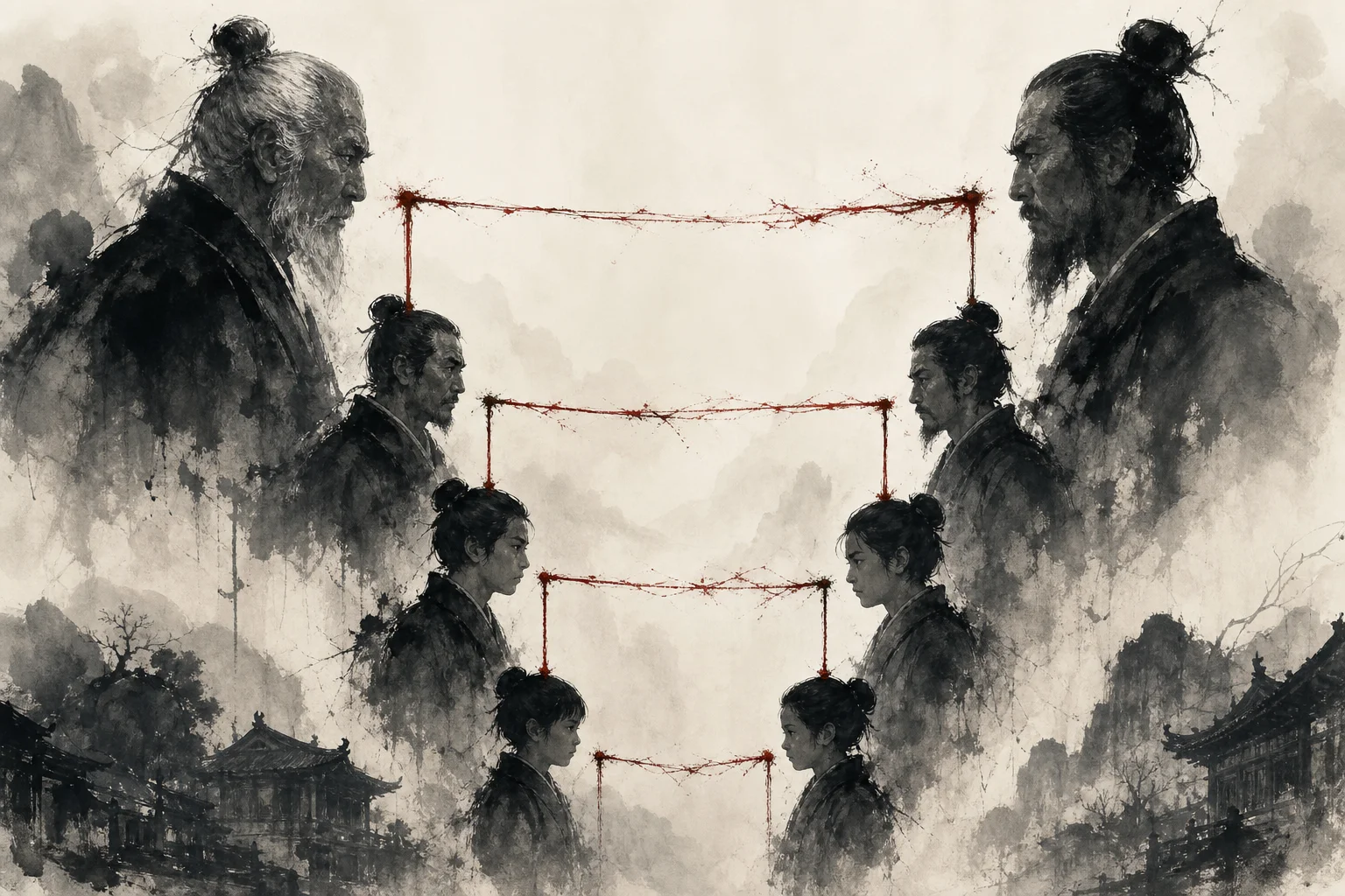 Two family lines facing each other across generations — silhouettes of elders, parents, and young heirs linked by red thread of vendetta